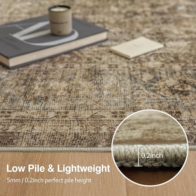 FMFUNCTEX 10x14 Washable Area Rug Brown Vintage Neutral Distressed Large Non Slip Carpet for Living Room Bedroom Soft Low Pile Indoor Mat Retro Floral Throw Rug for Dining Room Kitchen Office Nursery