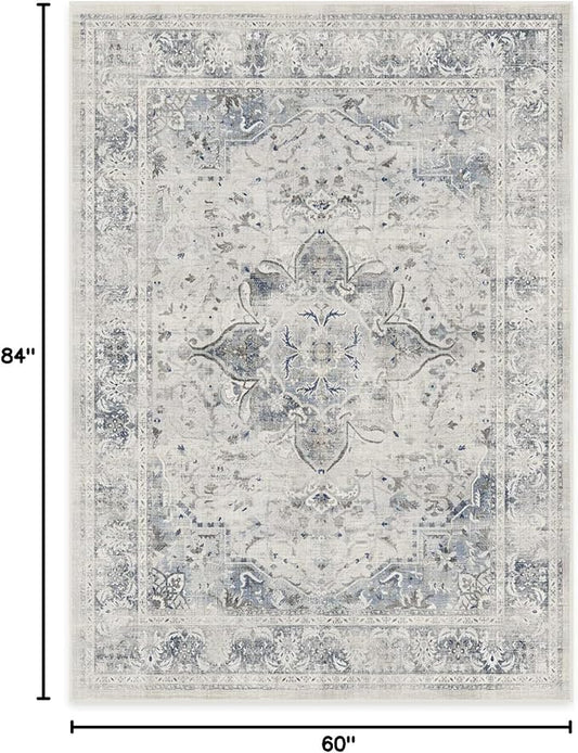 RUGGABLE Washable Vintage Area Rug – Sarrah Blue Quartz 5x7, Stain-Resistant, Non-Slip – Medium Machine Washable Rugs for Living Room, Bedroom, Hallway, Entryway & Office–with Standard Pad