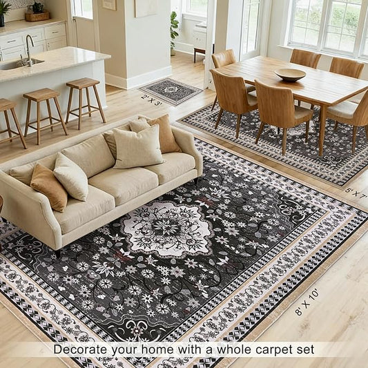 Luxury 5' x 7' Black Washable Area Rugs, Boho Low Pile Easy Clean Non-Slip Rug, Floral Medallion Pattern Vintage Rugs for Living Room, Dinning Room, Office, Bedroom, Bathroom, Laundry Room, Farmhouse