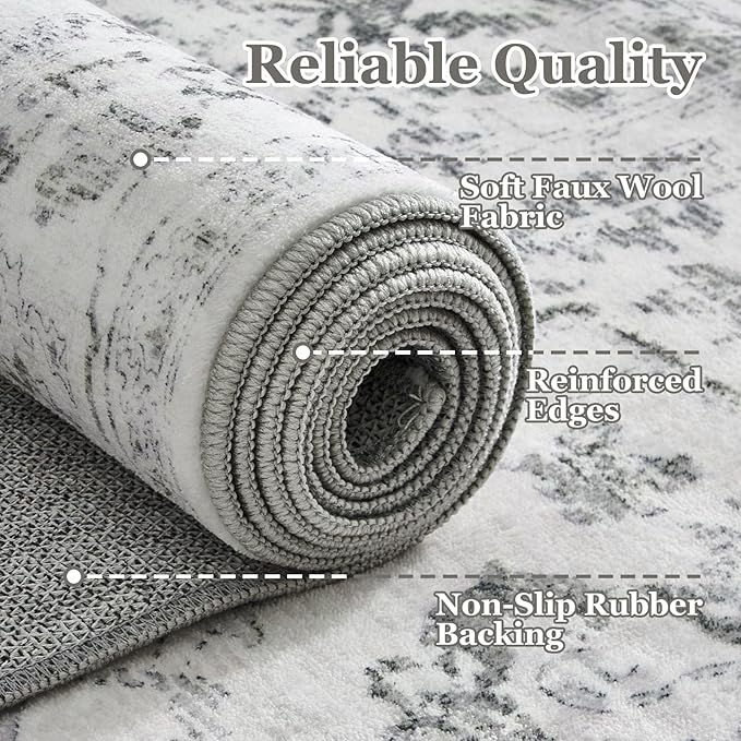 Large Farmhouse Area Rugs 9x12 for Living Room, Distressed Medallion Printed Big Carpet Rugs for Bedroom Under Bed, Washable Non Slip Low Pile Thin Rugs for Dining Room, Off White/Grey