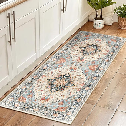 Area Rugs 2'x6' Washable Non-Slip, Floral Vintage Distress Print Pattern Medallion Carpet for Living Room Bedroom Dining Room, Beige Navy Blue Orange Colorful