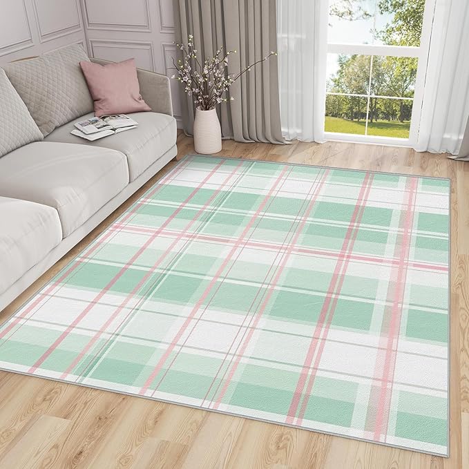 Plaid Washable Rugs - 5x8ft - Mint Green Tartan Gingham Rugs for Living Room Non Slip Low Pile Area Rug for Bedroom, Plaid Carpets Room Decor & Gifts