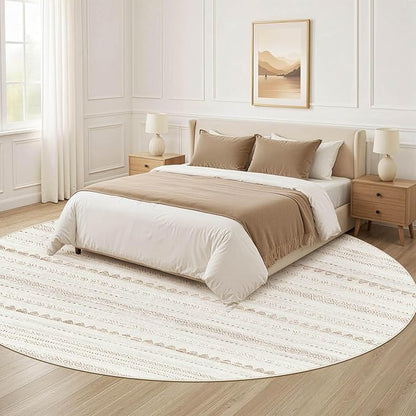 Nakagishi Round Rug Boho Area Rugs: 5x5 Washable Large Circle Neutral Soft Stain Resistant Non-Slip Carpet for Women Aged 25-45 Farmhouse Decor Enthusiasts - Living Room Bedroom Dining Room Nursery