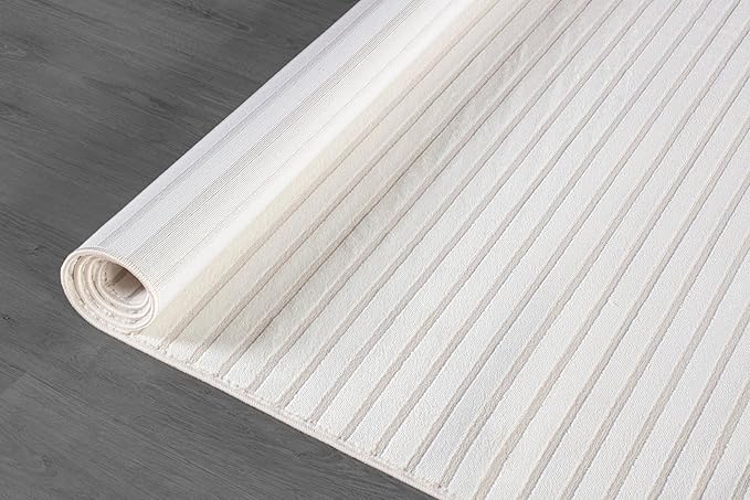 Beverly Rug Modern Geometric Area Rug 5x7 Low-High Pile Durable Soft Abstract Striped Indoor Rugs for Living Dining Room Office Stain Resistant Non Shedding Casual Indoor Carpet Beige White 5 x 7