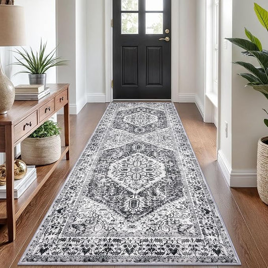 KOZYFLY Runners for Hallways 3x8 Ft Washable Kitchen Runner Rug Boho Runner Rug for Entryway Indoor Printed Faux Wool Floor Carpet for Bedroom Kitchen Hall, Grey