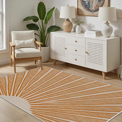 Boho Sun Print Area Rug for Living Room 5x8, Modern Abstract Non-Slip Washable Rugs, Soft Stripe Minimalism Carpet for Bedroom, Nursery, Entryway, Dining Room & Office Decor, Orange White