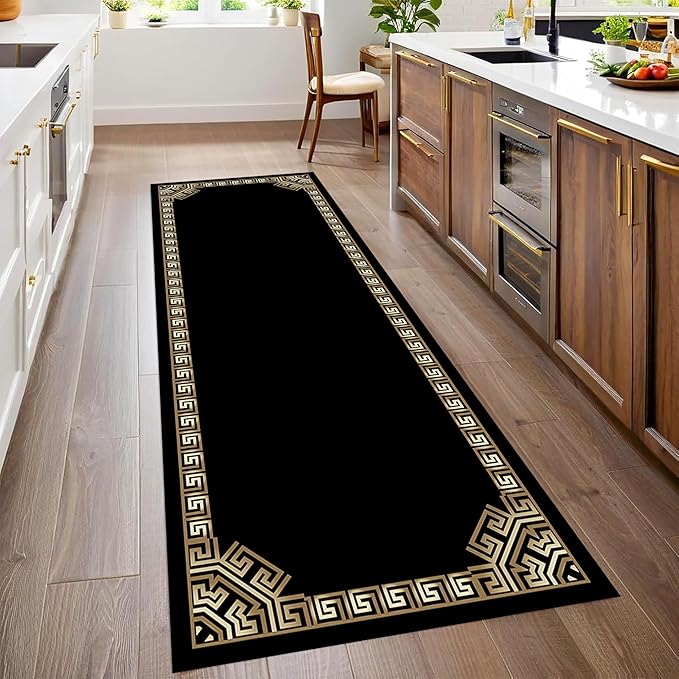 Greek Key Runner Rugs, 2.6x10ft, Vintage Traditional Tribal Black and Gold Color Stain Resistant Long Rug Runners, Entryways Non Slip Washable Sturdy Room Decor Mat for Kitchen Bedroom