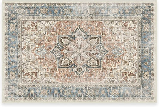 RUGGABLE Washable Vintage Area Rug – Kamran Coral 3x5, Stain-Resistant, Non-Slip – Small Machine Washable Rugs for Living Room, Bedroom, Hallway, Entryway & Office–with Cushioned Pad