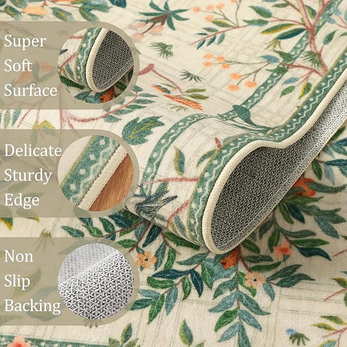 Morebes Washable 8x10 Area Rugs for Living Room, Boho Sage Green Rugs for Bedroom Non Slip, Soft Floral Indoor Floor Carpet for Dining Room Home Office Kids Playroom Foyer Nursery
