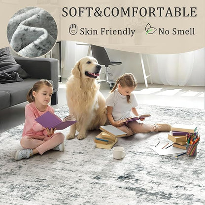 5x7 Machine Washable Area Rug for Living Room, Grey Modern Vintage Abstract Rug Large Non-Slip Low Pile Soft Faux Wool Carpet, Kids and Pets Friendly for Bedroom Dining Room Farmhouse Home Decor Rug