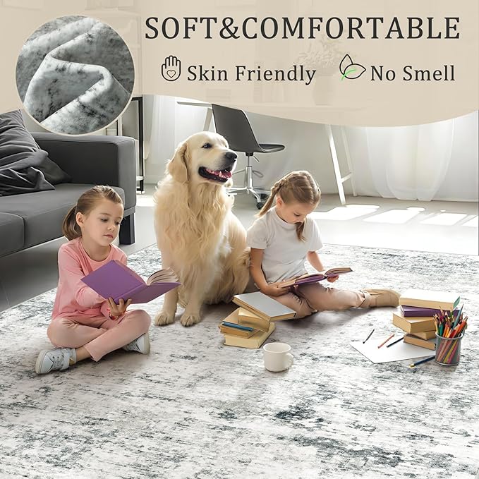 6x9 Machine Washable Area Rug for Living Room, Grey Modern Vintage Abstract Rug Large Non-Slip Low Pile Soft Faux Wool Carpet, Kids and Pets Friendly for Bedroom Dining Room Farmhouse Home Decor Rug