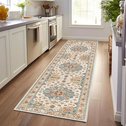 Enkor Runner Rugs for Hallway, 2.6x8 Washable Soft Non Slip Floor Rugs for Kitchen, Modern Mat for Living Room Bedroom Entryway Orange & Beige