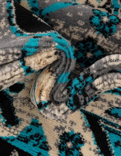 Unique Loom Taftan Collection Border Geometric Tribal Inspired Design Area Rug (7' 0 x 10' 0 Rectangular, Turquoise/ Gray)