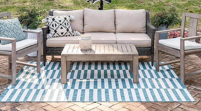 Unique Loom Outdoor Striped Collection Area Rug - Striped (7' 1" x 10' Rectangle, Teal/Ivory)