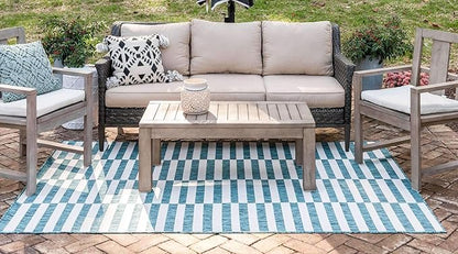 Unique Loom Outdoor Striped Collection Area Rug - Striped (7' 1" x 10' Rectangle, Teal/Ivory)