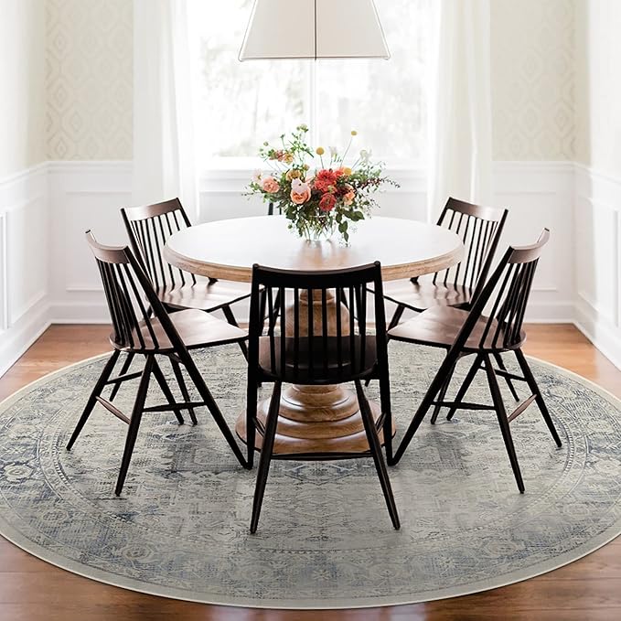 RUGGABLE Washable Vintage Area Rug – Kamran Blue Quartz 8 ft Round, Stain-Resistant, Non-Slip – Large Machine Washable Rugs for Living Room, Bedroom, Hallway, Entryway & Office–with Cushioned Pad