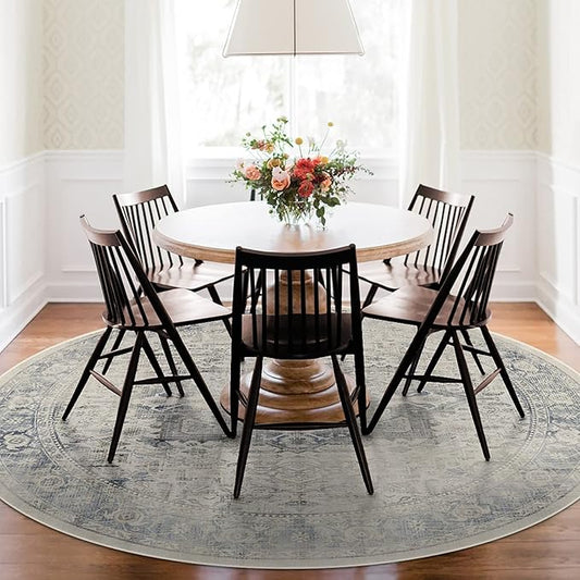 RUGGABLE Washable Vintage Area Rug – Kamran Blue Quartz 8 ft Round, Stain-Resistant, Non-Slip – Large Machine Washable Rugs for Living Room, Bedroom, Hallway, Entryway & Office–with Cushioned Pad