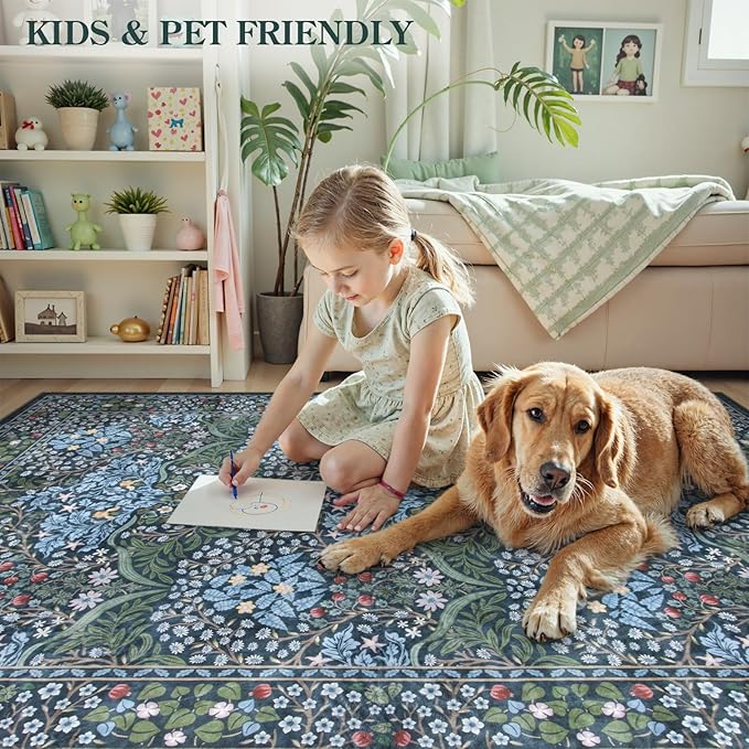 Lahome Floral Washable Area Rugs 5x7, Soft Blue Rugs for Living Room Bedroom, Boho Non Slip Low Pile Forest Stain Resistance Large Throw Carpet for Farmhouse Dining Room Office, Blue