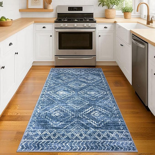 KILOCOCO Boho Entryway Rug 3x5 Area Rug Washable Non Slip Printed Throw Rugs Soft for Kitchen Living Room Dining Bedroom Geometric Moroccan Carpet, Stonewashed Blue