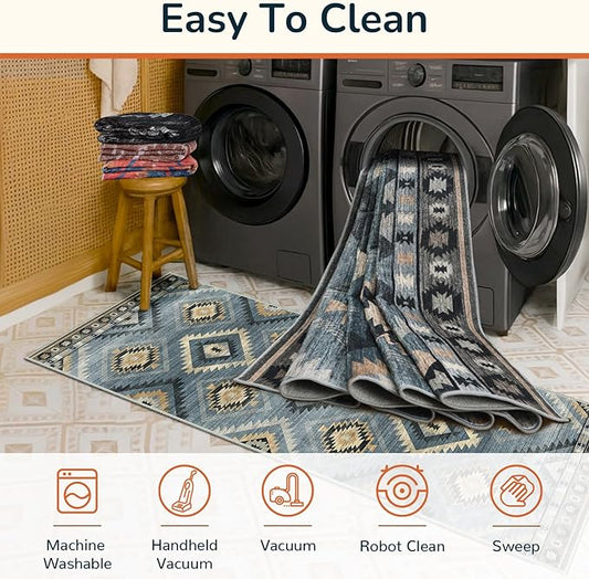 BESTSWEETIE Area Rug 8x10 Rug Machine Washable Non-Slip Low Pile Print Pattern Western Rug for Living Room Bedroom Navy/Grey