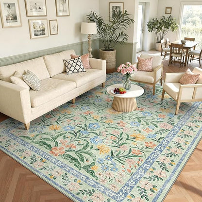 Wonnitar Boho Washable Rugs 8x10, Large Floral Rugs for Bedroom, 8 x 10 Soft Green Living Room Carpet, Non Slip Ultra-Thin Carpet for Kids Playroom Dorm Dining Room