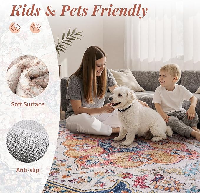 tchdio 8x10 Area Rugs for Living Room, Vintage Non Slip Washable Rug, Soft Low Pile Colorful Area Rug Large Floor Indoor Carpet for Bedroom, Dining Room, Office (Multi, 8'x10')