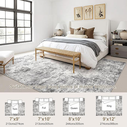 9x12 Area Rug Living Room Rugs - Washable Neutral Modern Abstract Soft Thin Large Rug Indoor Floor No Slip Rug Carpet for Bedroom Under Dining Table Home Office Decor - Grey