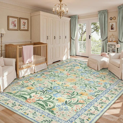 Lahome Boho Light Green Large Area Rugs for Bedroom 9x12, Floral Washable Rugs Living Room, Soft Non-Slip Thin Rug for Nursery Kids Playroom Tween Girls Home, Tea Green