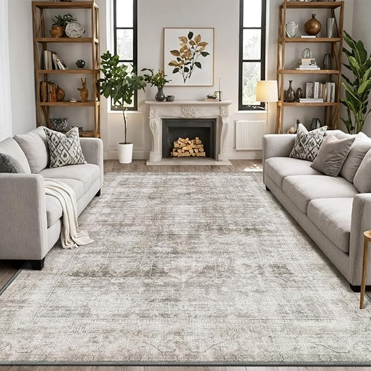 LUMI 8x10 Washable Area Rug for Living Room, Ultra Soft Modern Neutral Grey Rugs Non Slip with Rubber Backing, Low Profile, High Traffic, Stain Resistant Carpets, Ideal for Bedroom, Dining Room