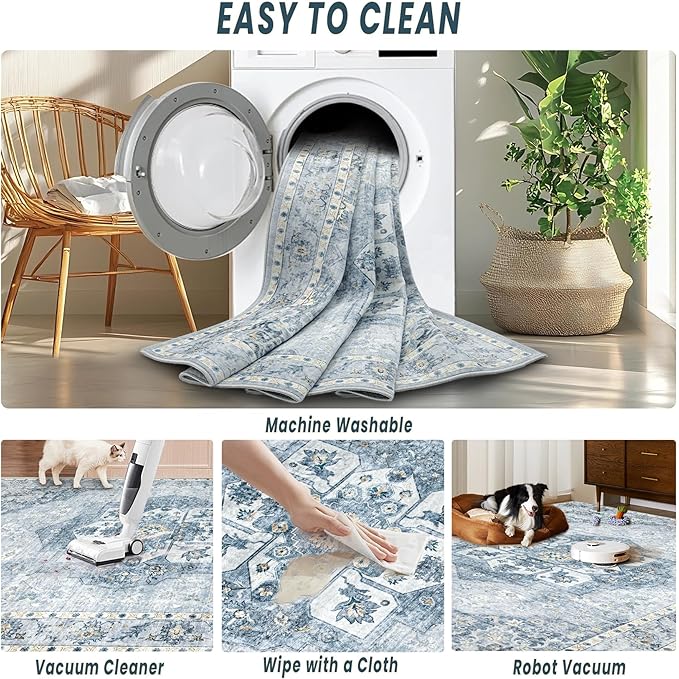 8x10 Area Rugs Washable Rugs for Living Room, Large Vintage Boho Rug Non-Slip Soft Floral Distressed Rug Low Pile Stain Resistant Carpet for Bedroom Nursery Office Dining Room Farmhouse(Blue, 8'x10')