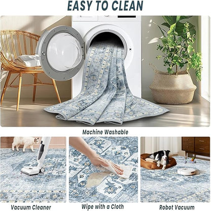 5x7 Area Rugs Washable Rugs for Living Room, Vintage Boho Rug Non-Slip Soft Floral Distressed Rug Low Pile Stain Resistant Carpet for Bedroom Nursery Office Dining Room Farmhouse Dorm(Blue, 5'x7')