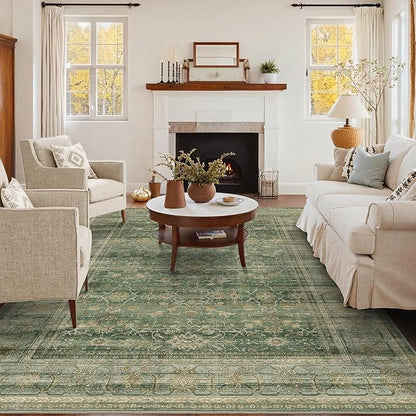 HelloTree Washable Rugs 6x9 Area Rug for Living Room, Vintage Boho Green Rug Non Slip Carpet Retro Accent Indoor Mat Print Distressed Low Pile Throw Large Rug for Office Bedside-Green