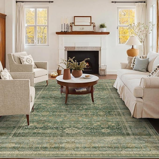 HelloTree Washable Rugs 6x9 Area Rug for Living Room, Vintage Boho Green Rug Non Slip Carpet Retro Accent Indoor Mat Print Distressed Low Pile Throw Large Rug for Office Bedside-Green