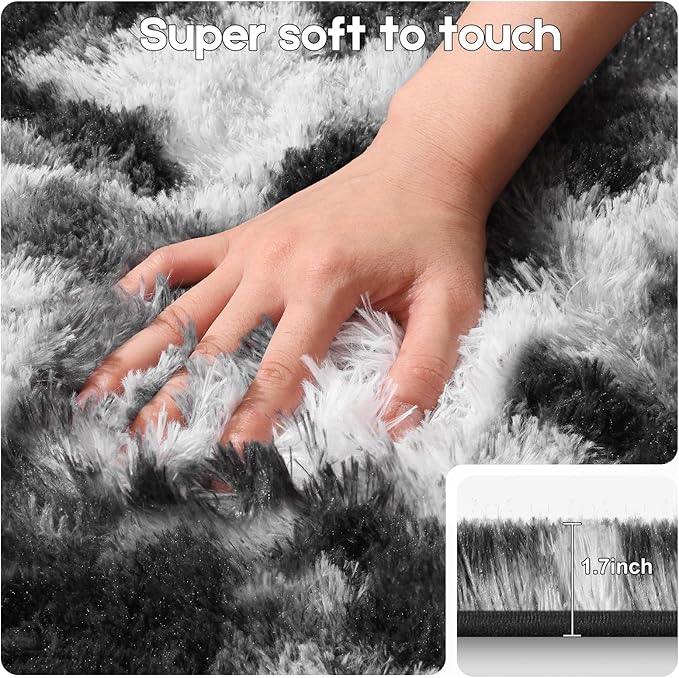 Black and White Rugs for Bedroom, 2x3 Fluffy Small Area Rugs for Living Room, Soft Shag Fuzzy Carpet with 4 Non-Slip Stickers for Kids Boys and Girls Nursery Room Dorm Home Decor (2ft x 3ft)