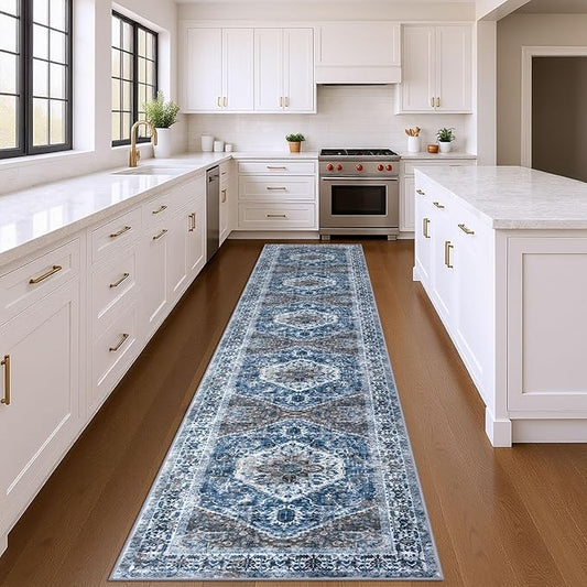 KOZYFLY Runners for Hallways 3x14 Ft Extra Long Washable Kitchen Thin Runner Rug Boho Runner Rug for Entryway Indoor Blue Printed Oriental Faux Wool Stair Floor Carpet Runner for Stair Kitchen Hall