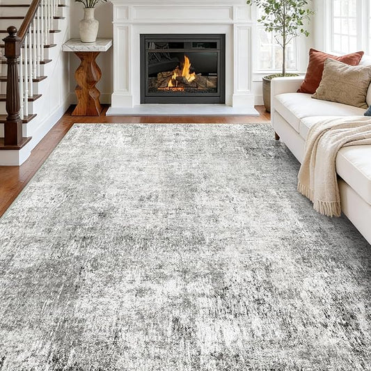 Washable Area Rugs 9'x12' Non-Slip Modern Abstract Soft for Living Room Entryway Bedroom Nursery, Print Pattern, Gray White Grey