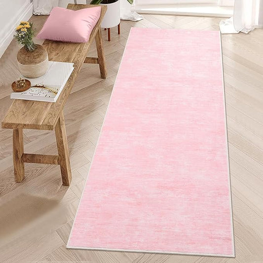 RUGSREAL Modern Runner Rug 2.5x8 Stain Resistant Washable Kitchen Runner Carpet ith Rubber Backing Low Pile Contemporary Solid Color Entryway Mat Ultra Soft Rug for Living Room Bedroom, Pink