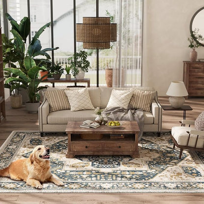 EnHomee 8x10 Area Rugs Washable for Bedroom, Boho Vintage Rugs, Foldable Area Rug for Dining Room, Non-Slip Soft Living Room Rug, Low Pile Large Carpet for Bathroom, Blue and Brown