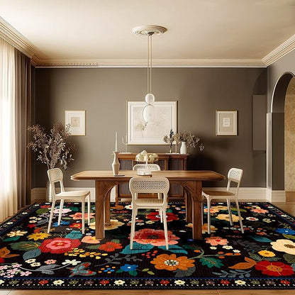 Floral 9x12 Area Rug Machine Washable Soft Print Boho Carpet Non Slip Doormat Low Pile Flower Area Rugs for Living Room Bedroom Nursery Kitchen Dining Room Indoor-Black