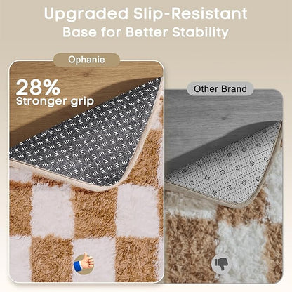 Ophanie Checkered Beige & White Rug for Living Room Bedroom, Fluffy Soft Cute Fuzzy Area Rugs, Shag Plush Shaggy Bedside Floor 4x6 Furry Carpet for Kids Baby Teen Dorm Nursery Home Decor Aesthetic