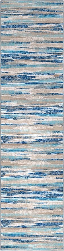 Modern Abstract Runner Rug 3x10, Blue Washable Kitchen Runner Non-Slip Soft Hallway Rug Runner Thin Print Faux Wool Carpet for Entryway Bedroom Laundry Room Indoor Home Office Decor