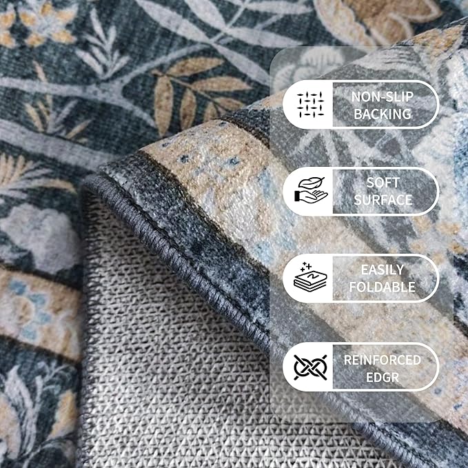 Washable Living Room Rug: 8x10 Boho Floral Soft Area Rug for Bedroom Decor - Vintage Low Pile Thin Carpet for Dining Room Non-Slip - Farmhouse Stain Resistant Rugs - Slate Blue