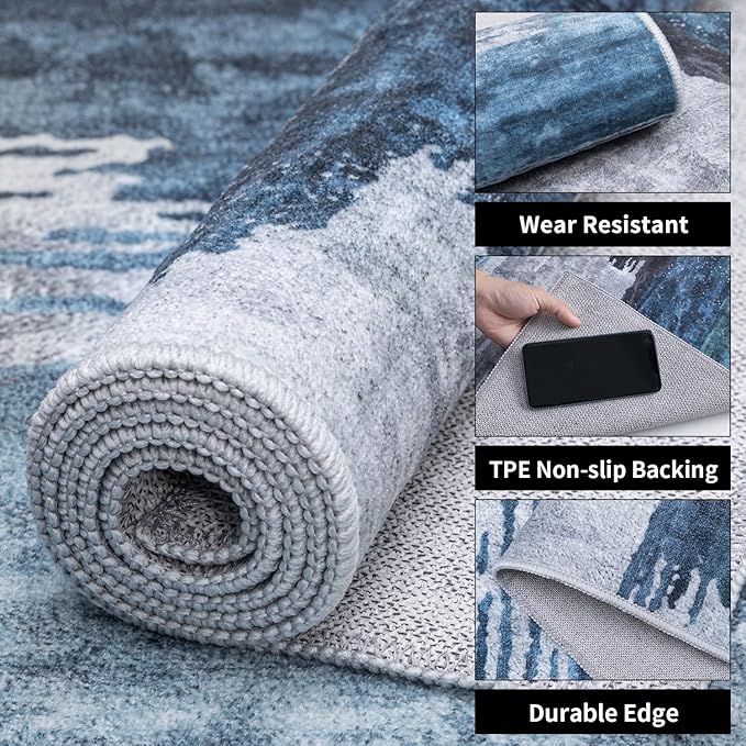 Ciicool 2'6"x10' Washable Runner Rug, Modern Abstract Hallway Rugs Runner, Non-Slip Thin Accent Rug Lightweight Navy Grey Print Distressed Carpet for Laundry Entryway Bedroom Kitchen Indoor