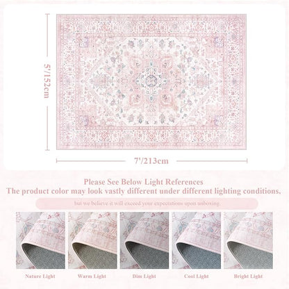 LIVEBOX Pink Washable Area Rug 5x7 - Large Vintage Tribal Living Room Non-Slip Indoor Carpet for Bedroom, Low-Pile Retro Print Distressed Accent for Nursery Dorm Home Decor