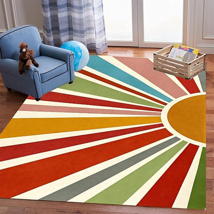 Rainbow Sun Area Rug,5x6ft,Medieval Vintage Geometric Rugs,Boho Style Bedroom Decor Rug Soft Machine Washable Carpet for Indoor Bedroom Living Room Office Decor
