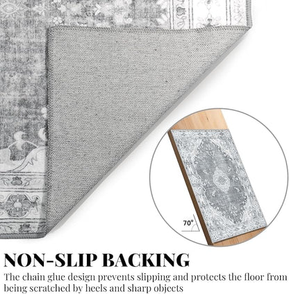 MUJOO Grey Rug 3'x5' Washable, Boho Area Rugs for Entryway Bedroom Living Room Kitchen,Small Vintage Bohemian Distressed Farmhouse Non Slip Carpet,Floral