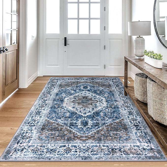 KOZYFLY Area Rug 4x6 Ft Washable Rugs for Entryway Non Slip Kitchen Mats for Floor Rugs for Living Room Printed Faux Wool Vintage Throw Rug for Entrance Bedroom Kitchen Living Room, Blue