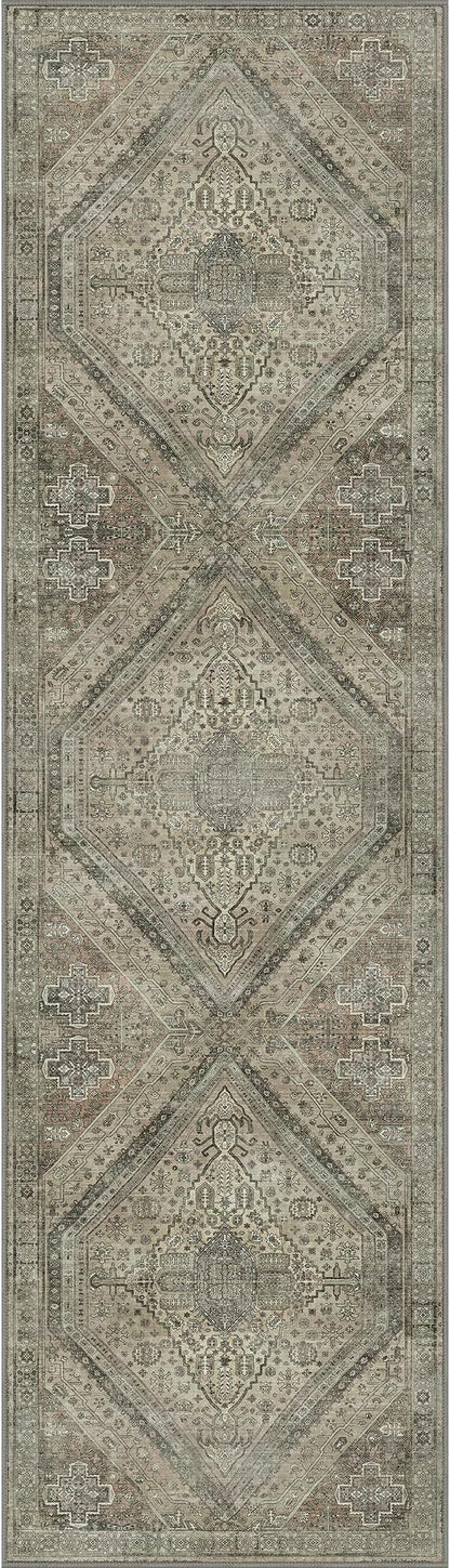 Bavni Kitchen Rug 2x7 Runner Rugs for Hallways Entryway, Washable Vintage Print Carpet, Ultra-Thin Chenille Low Pile Lightweight Rug with Non Slip Backing, Tan