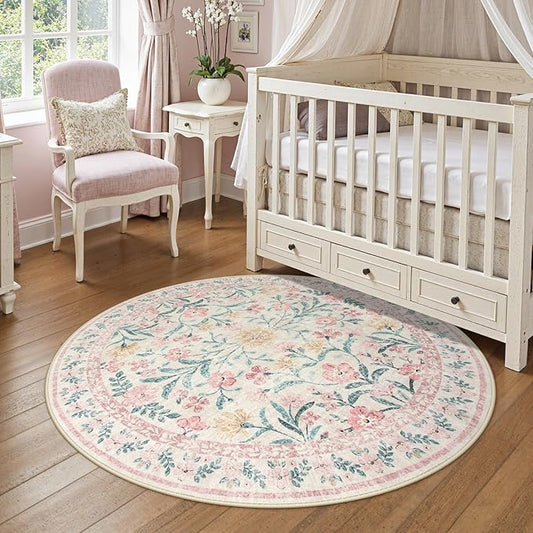 Wonnitar Pink Floral Round Rugs 5ft, Soft Circle Rug Non Slip Washable Round Carpet, Boho Non-Shedding Flower Distressed Circle Carpets for Bedroom Girls Room Nursery