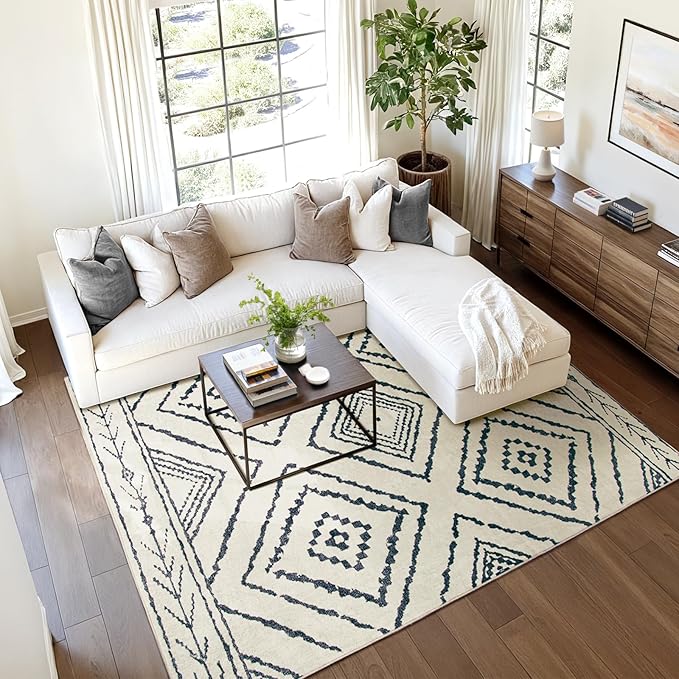 Area Rug 5x7 Rug Machine Washable Non-Slip Low Pile Print Pattern Western Rug for Living Room Bedroom Entryway Tribal Series -Navywhite/Black
